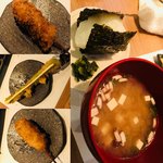 Kushiageya Yoshi - 左上から下に、カツ、アスパラ、コロッケ。
                      右はシメのおにぎり&味噌汁