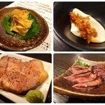 左上:豆腐のもろみ漬け 左下:厚切り炙り肉刺し 右上:冷や奴 右下:ホタルイカの沖漬け