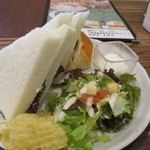 Midori - サンドイッチは玉子サンドを選んでみました。
                        
                        タマゴサンドにはバターロールのツナサンド、サラダ、ヨーグルトがお皿に一緒に乗って来ました。
                        