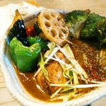 天城黒豚の店 橋本ホルモン - 素揚げにされた野菜は、ブロッコリー、蓮根、じゃがいも、茄子、ピーマン、ベビーコーン、南瓜、ズッキーニ、人参、舞茸。後は水菜も。