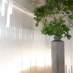 ナクレ - カーテンレールからぶら下がる、透明なパイプ群。背景の色彩は最小限に留められ、モダンな印象