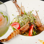 Prawns marinated in soy sauce, sashimi or grilled