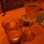 飛騨の味 酒菜 - 地酒。左は1合をコップで。右は100ml