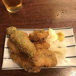 立ち呑み くにし - フライ盛り（豚、ブリ、ハモ、満願寺、しいたけ）