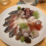 彩食たけだ - お造り盛り合わせ(秋刀魚、鰯、鰹、真鯛、海老、蛸、鱧)