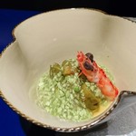 野嵯和 - 蒸し鮑、土佐酢車海老　鮑肝、枝豆のソース