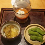 Yakitori Ogawa - 前菜盛り合わせ（だだちゃ豆、ナスゼリー寄せ、トマトとスイカのガスパチョ） 