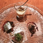 kaiki - 季節の前菜盛り合わせ（鰹のカルパッチョ・鯵のマリネ・バターナッツとゴルゴンゾーラのムース・鮎のパテと黒米）