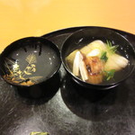 懐石料理 はし本 - お椀：焼き鱧・松茸・煮麺・焼きナス・三つ葉・錦糸卵