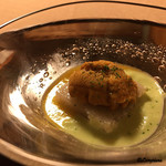 御料理 寺沢 - 蓮根餅に海胆､夏豆と玉蜀黍の摺り流し