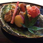 御料理 寺沢 - 鰻ざく､梅貝旨煮､酢橘丸十､鴨ﾛｰｽ､炙り唐墨､海鞘の塩辛､甘鯛若狭揚げ