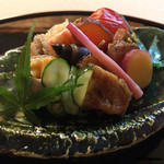 御料理 寺沢 - 鰻ざく､梅貝旨煮､酢橘丸十､鴨ﾛｰｽ､炙り唐墨､海鞘の塩辛､甘鯛若狭揚げ
