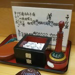 鰻家 - 卓上にある山椒、メニュー 