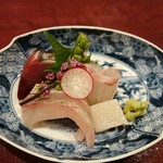 りょうりや 御旅屋 - お造り　石鯛　しま鯵　たいら貝