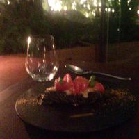 TRATTORIA CREATTA - スーパーフルーツトマト、アオリイカ、カラスミの冷製イカ墨スパゲッティーニ　バジル風味