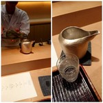 神楽坂 石かわ - 少しずつ器に注いでくれます。切子のお猪口もステキです！