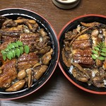 中洲 鰻冨 - ◆左は「鰻丼・上・一尾（3219円：税込）」、右は「う鰻丼・並（半身：2139円：税込）」 それぞれ「肝吸い」と「奈良漬」が付きます。 こちらのうな丼には「鰻の肝が10匹分」入っているとか。