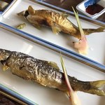 男山漁場 - 鮎の塩焼き 一匹1000円 上が養殖 下が天然モノ