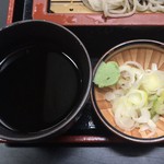 砂場 - ミニいか天丼+もり ¥850 のもりのつゆ、薬味