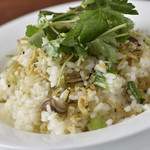 Risotto with whitebait, burdock, and Japanese pepper