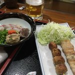 炉端焼やつがい - つくね、豚バラ
      肝和え