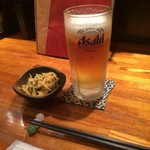 串もん利げん - 最初の生ビール  お通しは筍とモヤシのナムル風？