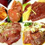 焼肉 明月館 - “キムチ盛合せ” “トマトサラダ” “レバ刺し” “牛タン塩” “ハラミ”