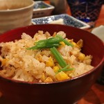 和創作 太 - 〈御飯物〉
      ホタテとトウモロコシの炊き込みご飯
      トウモロコシは予めバターしょうゆ、
      味噌汁、香の物、ほうじ茶