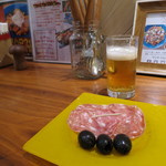 happy Hour (16～19時）の飲み放題に付いて来たタパス（サラミ＆オリーブ）(2018年9月)