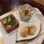 日本料理 とくを - 前菜：まぐろ時雨煮、松茸小松菜お浸し、鯛南蛮漬け