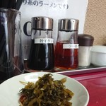 Ramen Ichi Ryuu - 卓上アイテムはシンプル
                        左から餃子のタレ！ラー油、胡椒、生ニンニクすりおろし
                        紅しょうがはなく辛子高菜のみ