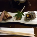 赤沢温泉ホテル - 青海会席　焼き物　いさき酒盗　焼きさざえのつぼ焼き　エシャレット　金山寺味噌