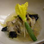 赤沢温泉ホテル - 青海会席　止肴　蝦夷鮑蒸し　煮穴子　昆布　くらげ　錦糸瓜　花付き胡瓜