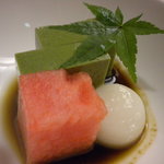 赤沢温泉ホテル - デザート　抹茶かん　白玉　黒蜜　スイカ
