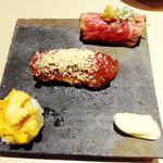 厨翠山   - ～三種三味～
      北みらい牛たたき　雲丹　本鮪