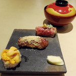 厨翠山   - ～三種三味～
      北みらい牛たたき　雲丹　本鮪