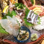 Kaisen Donsantei - 本日のお刺身、アジ、マグロ、カツオ、牡蠣二種、貝わさび、キビナゴ、ヒラメ？orタイ？