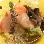 お料理　京柳 - 201109ランチ：とり貝・ぼたんエビ・かんぱち・サーモンのお造り
