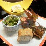 お料理　京柳 - 201109ランチ：湯葉・穴子寿司・和牛・和え物・甘露煮