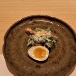 Yoshikawa - うずらの半熟煮玉子と春菊の白和え。