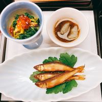 すぎ山 - 稚鮎甘露煮 筋子と菊菜したし、もずく酢