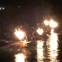 すぎ山 - ずらりと鵜舟が並んだ、壮麗な追い込み漁の様子 縄の先には鵜がいる