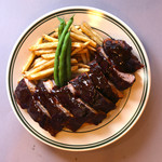 Pork back ribs BBQ sauce, French cuisine fries, green beans