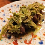 月泉 - 前菜　鰹の炙り 葱､山椒､茗荷のソース