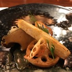 レストラン ラリューム - 島根県産黒鮑８時間蒸し　加賀蓮根　マコモダケ