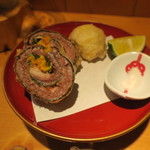 器楽亭 - 秋刀魚の揚げ巻きと栗の天ぷら 秋刀魚の肝と2