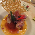 ビストロ 間 - 富津産スズキと鱧のグリエ　冬瓜のガスパチョと赤じそのジュレ