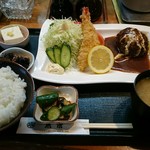 魚京 - ハンバーグとエビフライ定食 1130円