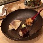 鮨 たかはし - タコの柔らか煮　北寄貝燻製　奈良漬入りあん肝