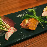 fatto - 鮮魚のカルパッチョ盛り合わせ。
かつおとハマチだったよ。